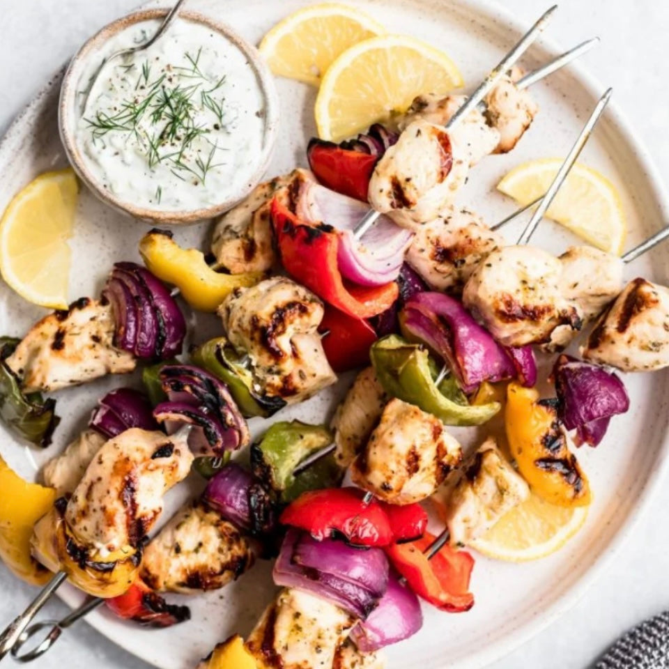 Greek Chicken Kabobs w/ Tzatziki & Yellow Rice