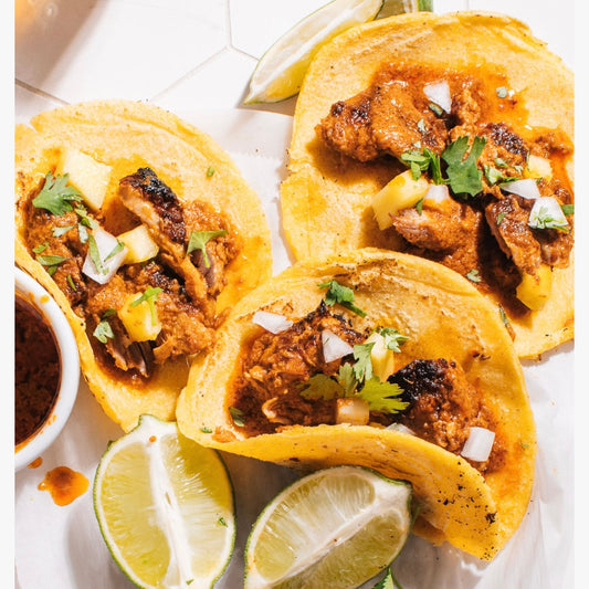 Tacos al Pastor with Toppings, Beans and Salsa