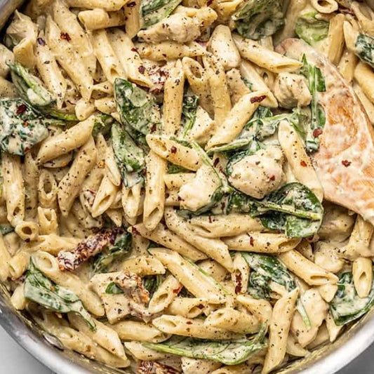 Creamy Pesto Chicken with Roasted Tomatoes & Veggies w/ GF Pasta