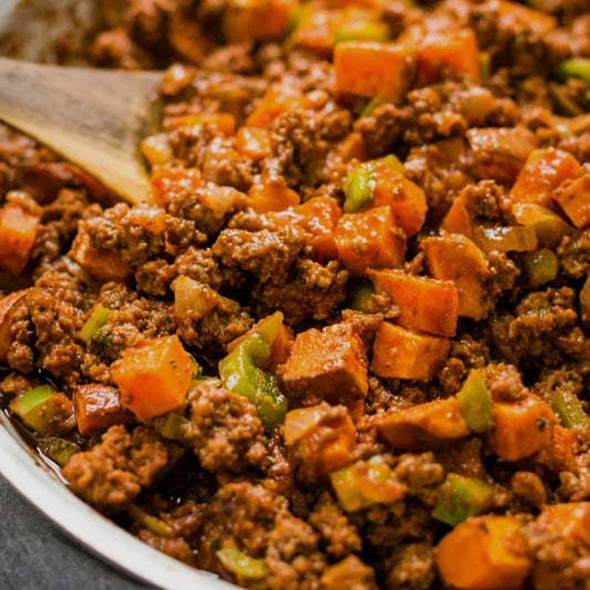 Sloppy Joes w/ Hidden Veggies over Sweet Potatoes & Toppings