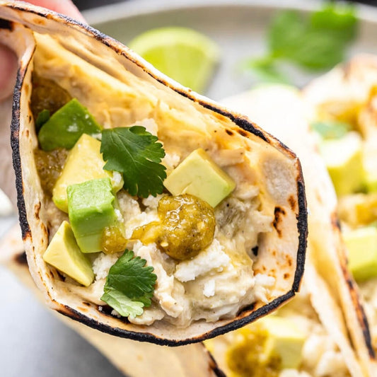 Creamy Green Chili Chicken Tacos w/ Black Beans & Toppings