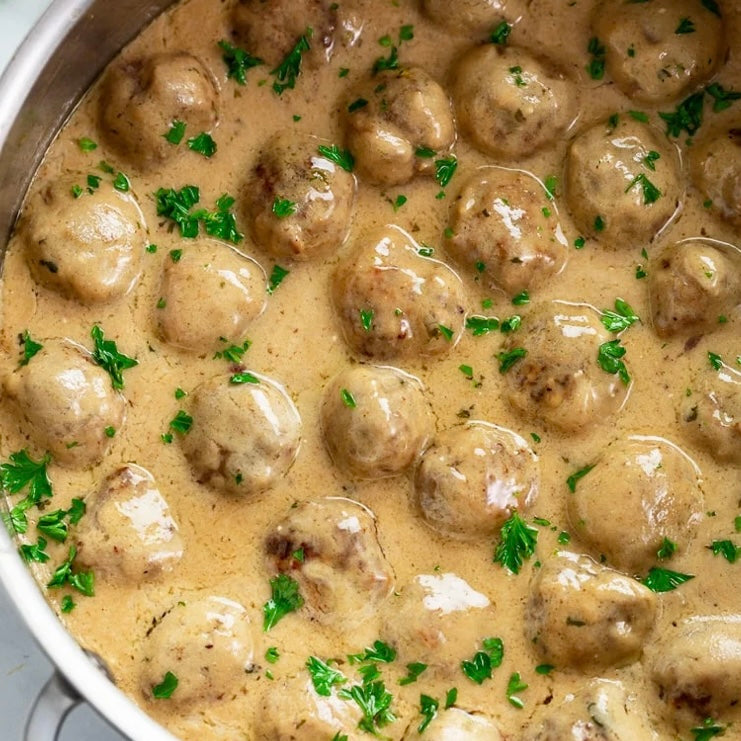 Swedish Meatballs over Mashed Potatoes w/ Veggies